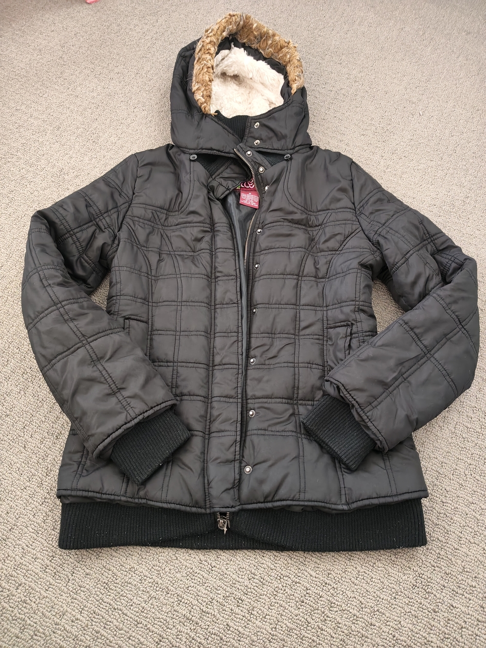 Me Jane Black Quilted Puffer Jacket with Faux Fur Trim Hood